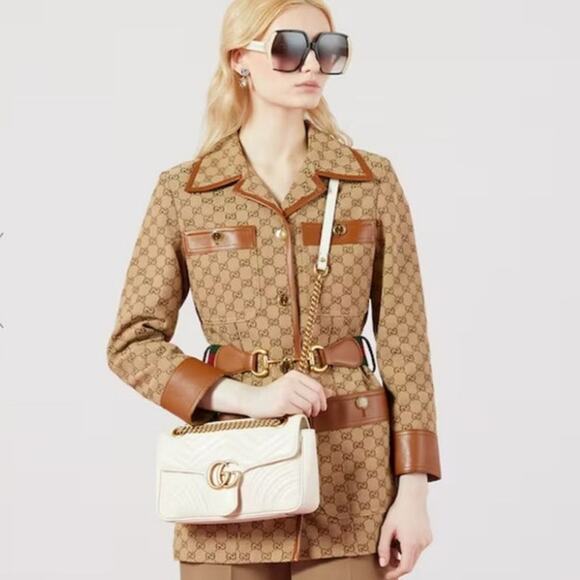 Gucci GG Marmont Small Chain Shoulder Bag Leather Chevron Logo Luxe Neutral Soft - Picture 1 of 15